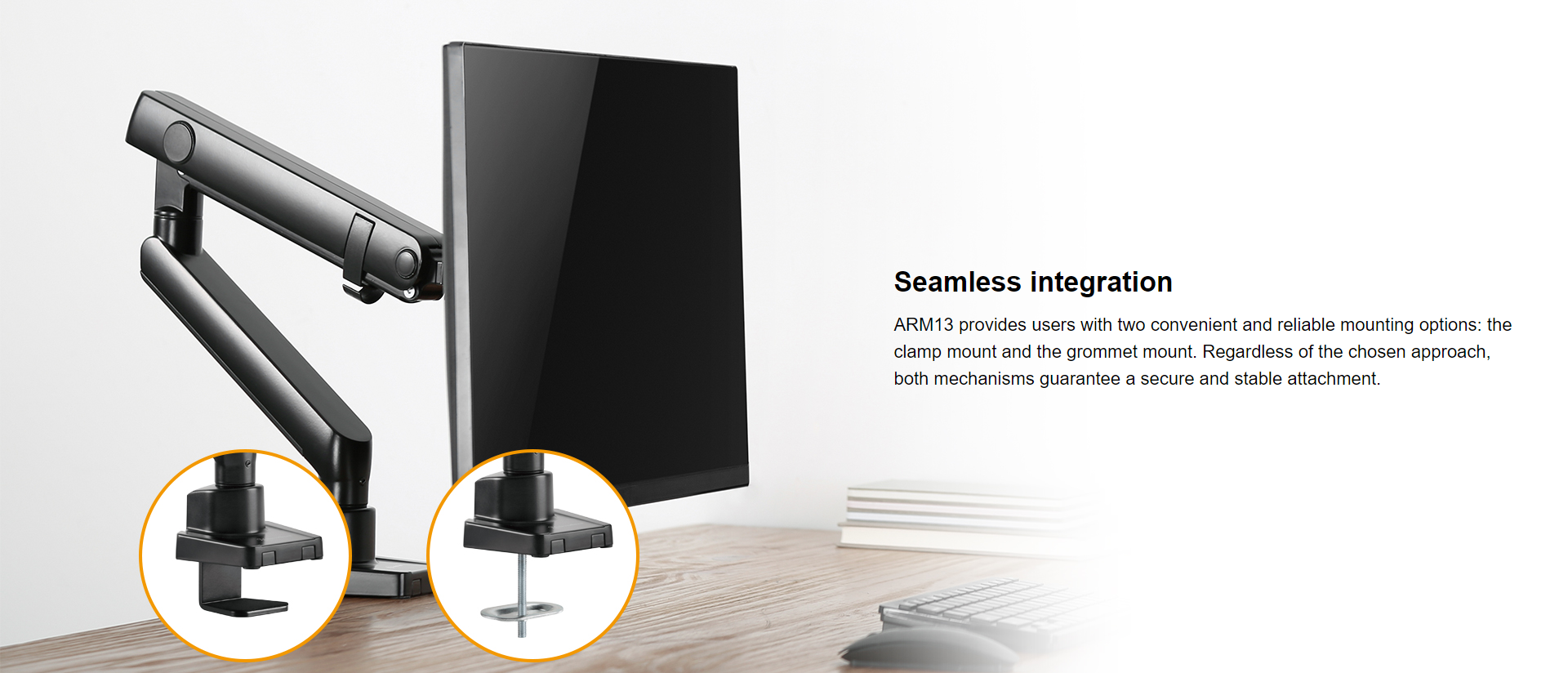 A large marketing image providing additional information about the product SilverStone ARM13 Gas Spring Swing Desk Monitor Mount  - Additional alt info not provided